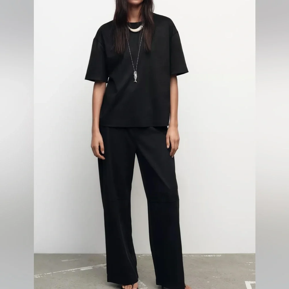 Zara NWT 2 piece matching SET black faux suede tee shirt & wide leg pants